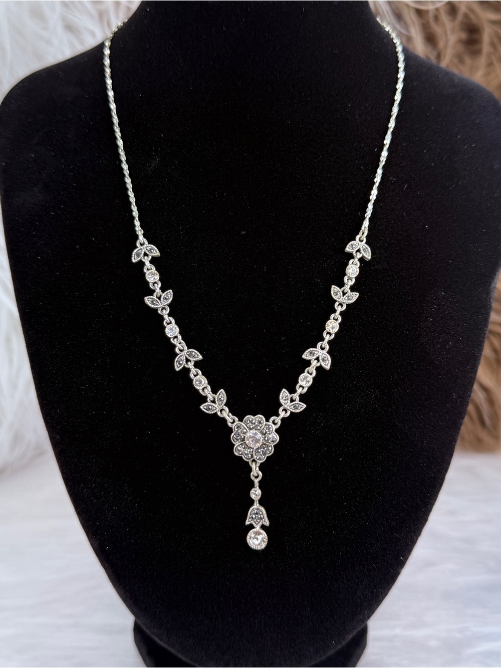 Silver Tone Floral Drop Necklace Clear Stone Flower Leaf Vintage Inspired